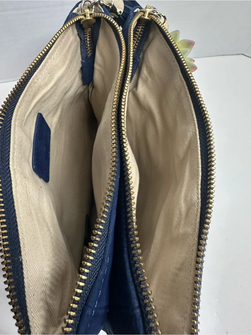 Ann Taylor Navy Suede Cosmetic Pouch with Snake-Embossed Panel